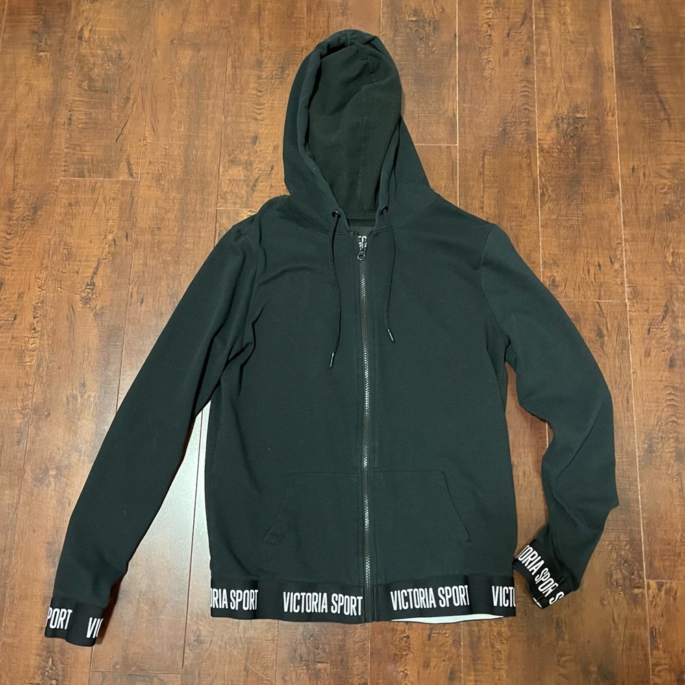 Victoria Secret Sport Full Zip Hooded Jacket White Logo, XS, Black